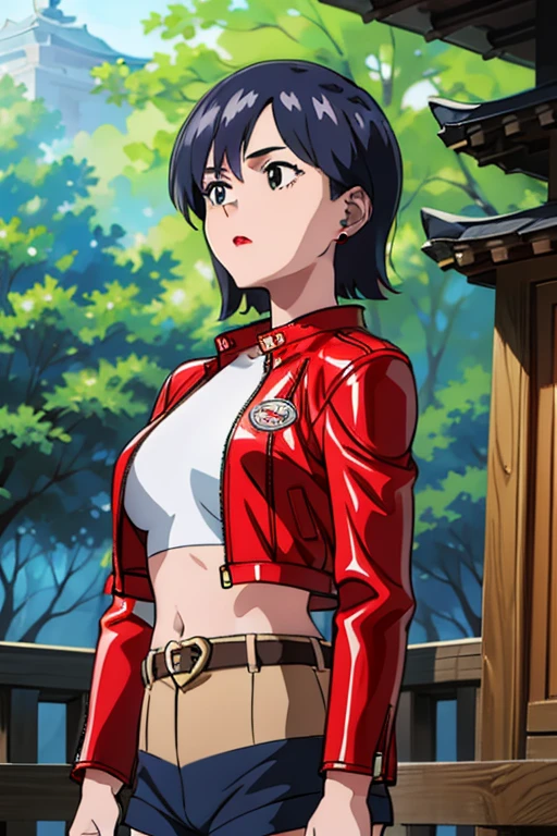 mikictr, 1girl, solo, stud earrings, red jacket, cropped jacket, crop top, belt, shorts, midriff, lipstick, navel, blue shorts, black eyes, upper body, short shorts, long sleeves, open jacket, closed mouth, tree, forest, shinto temple 