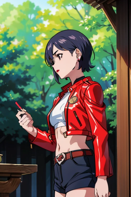 mikictr, 1girl, solo, stud earrings, red jacket, cropped jacket, crop top, belt, shorts, midriff, lipstick, navel, blue shorts, black eyes, upper body, short shorts, long sleeves, open jacket, closed mouth, tree, forest, shinto temple 