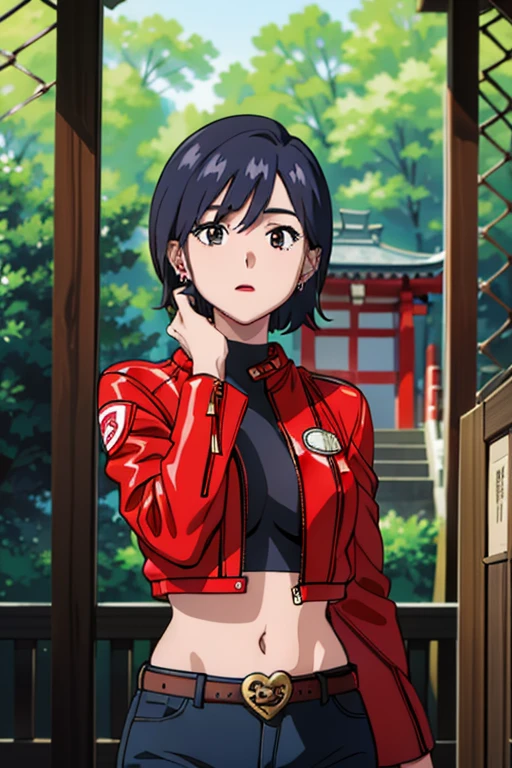 mikictr, 1girl, solo, stud earrings, red jacket, cropped jacket, crop top, belt, shorts, midriff, lipstick, navel, blue shorts, black eyes, upper body, short shorts, long sleeves, open jacket, closed mouth, tree, forest, shinto temple 