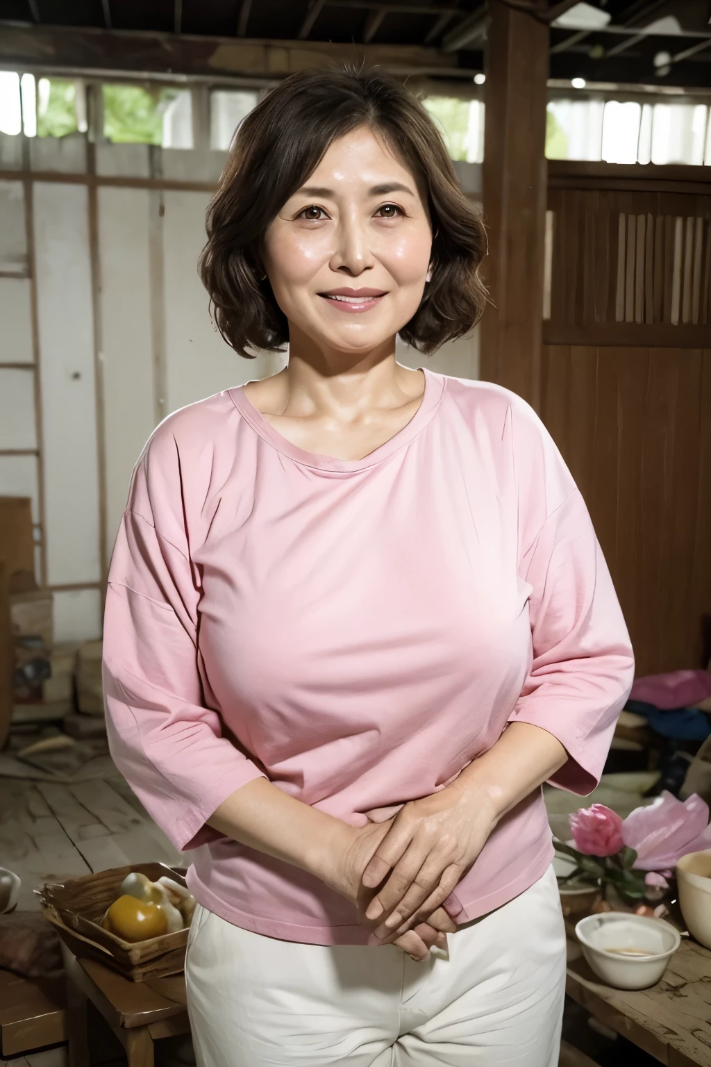 Aunt in Osaka、Organic Photography、best quality、masterpiece、Ultra-high resolution、Beautiful old lady、50 years old、looking at the audience、Elegant face、Toothy Smile、Large Breasts，Wear a pink tight T-shirt，White skirt、Wavy Hair、Hot Pants,In an abandoned house，Collapsed House，Background blur