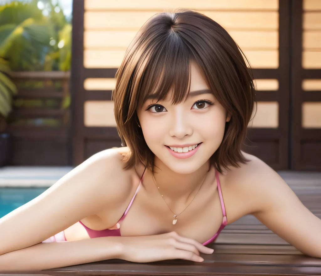 Highest quality、masterpiece、Japanese、Beautiful eyes、Fine skin、Flexible hair、Brown Hair、Short Hair、Spread your knees、Sexy Swimwear、bikini、A sly smile