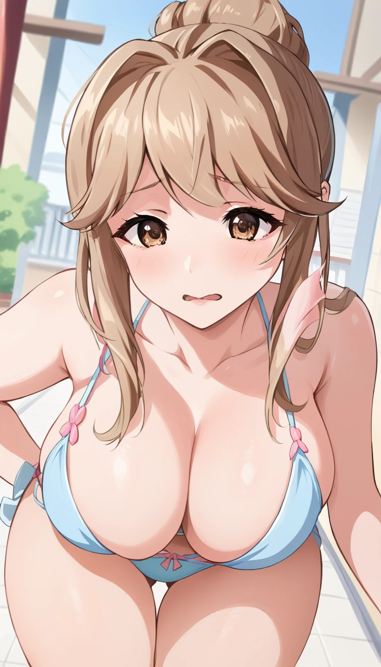 score_9, score_8_up, score_7_up, source_anime, rating_safe, BREAK tenkubashi tomoka, 1girl, brown hair, brown eyes, single hair bun, hair bun, long hair, sidelocks, dutch angle,leaning forward,bikini,((big breast)),((thick thighs)),blush,embarrassed,pov