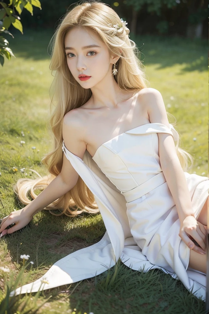(((best quality))), (((ultra detailed))), (((masterpiece))), illustration,((1 beautiful ,solo,angel)),((fair skin,shoulder length straight blonde hair,blue eyes)),((slim,thin,small breasts,flat chest)),joyful expression, white wings,flowing white dress,In heaven, garden setting, vibrant flowers, lush grass, gentle breeze, clear sky, fluffy clouds, shining sun,from front