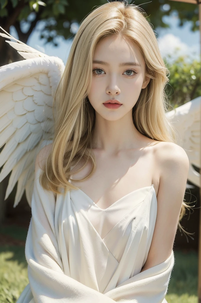 (((best quality))), (((ultra detailed))), (((masterpiece))), illustration,((1 beautiful little girl,solo,angel)),((fair skin,shoulder length straight blonde hair,blue eyes)),((slim,thin,small breasts,flat chest)),joyful expression,(white wings:1.3),(flowing short-sleeved white shirt-dress:1.3),In heaven, garden setting, vibrant flowers, lush grass, gentle breeze, clear sky, fluffy clouds, shining sun,((from front,standing,upper body,arms behind back))