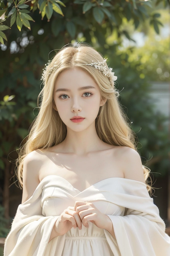 (((best quality))), (((ultra detailed))), (((masterpiece))), illustration,((1 beautiful ,solo,angel)),((fair skin,shoulder length straight blonde hair,blue eyes)),((slim,thin,small breasts,flat chest)),joyful expression, white wings,flowing white dress,In heaven, garden setting, vibrant flowers, lush grass, gentle breeze, clear sky, fluffy clouds, shining sun,from front