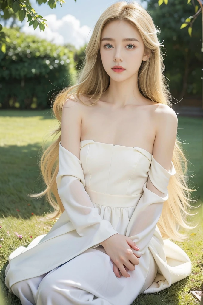 (masterpiece, best quality),1Beautiful girl with long white hair sitting in a field of green plants and flowers, Her hands are under her chin, warm lighting, white dress, blurry view