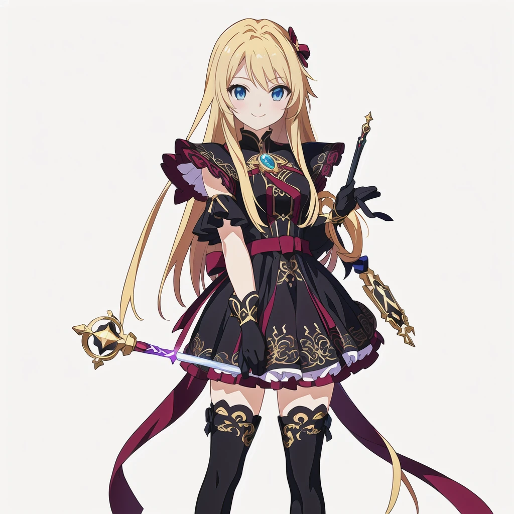 Highest quality, high resolution, High quality anime art style, Perfect hands,Perfect Fingers.Official Art, Smooth anime CG art, Stylized anime, Cute 3D anime girl render, Visual Novel Sprites, White background, whole body, Anime-style 3D, Smooth anime CG art, humanoid woman, JRPG Characters, Magical Girl Style, Anime woman in a black dress with maroon ribbon, Black gloves, Blonde, Long Hair, Light blue eyes, smile, ((Holding an ornate magic wand in his right hand)), Small Bust, Small breasts, 15 years old,