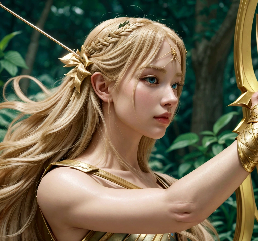 blond woman with long hair holding a bow and arrow, 4 k detail fantasy, margot robbie as a greek goddess, beautiful elven princess, the goddess artemis smirking, beautiful maiden, blonde - haired princess, blonde goddess, elven warrior princess, artgerm on artstation pixiv, hyperrealistic fantasy art, beautiful goddess, alluring elf princess knight