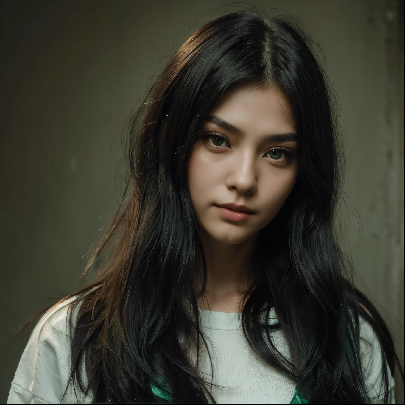 a girl with very long wolf cut hairstyle, very green and black long hair, facing forward, with a cool smirk, beautiful face, masterpiece, best quality, boyish clothing, korean girl, dark emerald green eyes, masterpiece, portrait.
