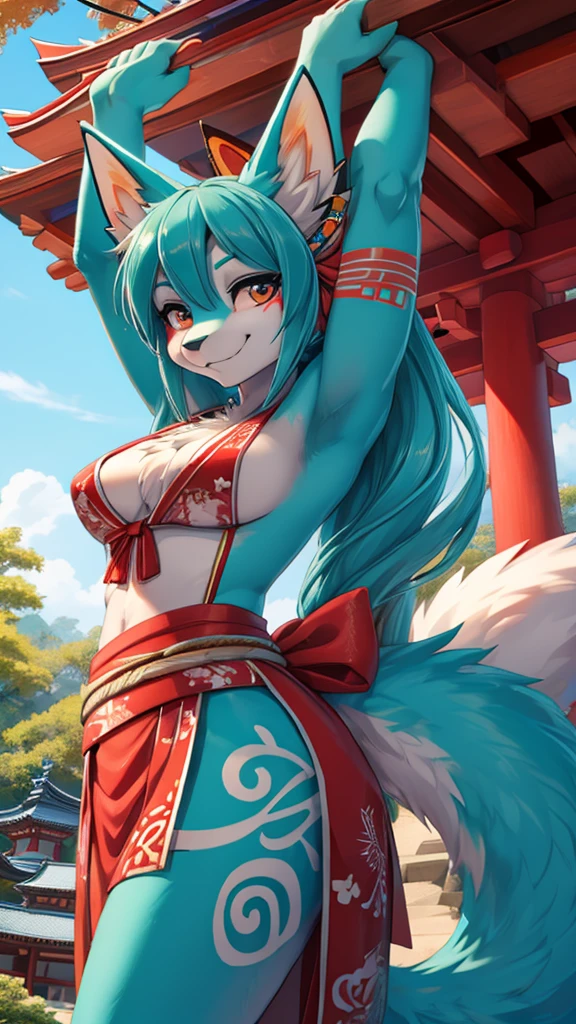 Miku Hatsune, add high definition_detail:1, blue fur,kitsune ears, tribal tattoo add_detail:1, arms in the air, japanese shrine costume add_detail:1, Smiling girl, model:breakdomain