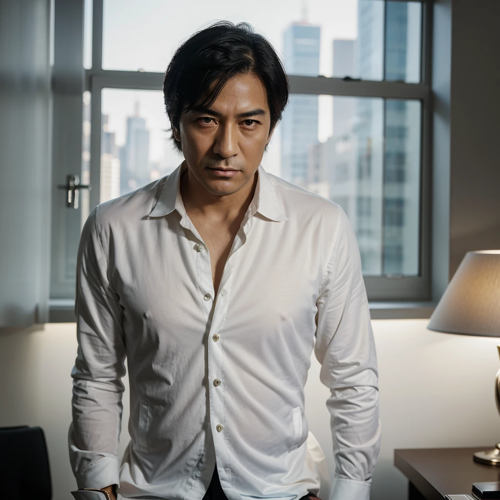 "Generate a hyper-realistic image of a wealthy Oriental executive man in his mid-70s. He has a serious and slightly sad expression, with downturned lips. He has short black hair and is wearing a white shirt with a black suit jacket over it. The background features a luxurious office setting with large windows showcasing a panoramic city skyline. The lighting is soft, highlighting his face and leaving the background with a diffused glow."
