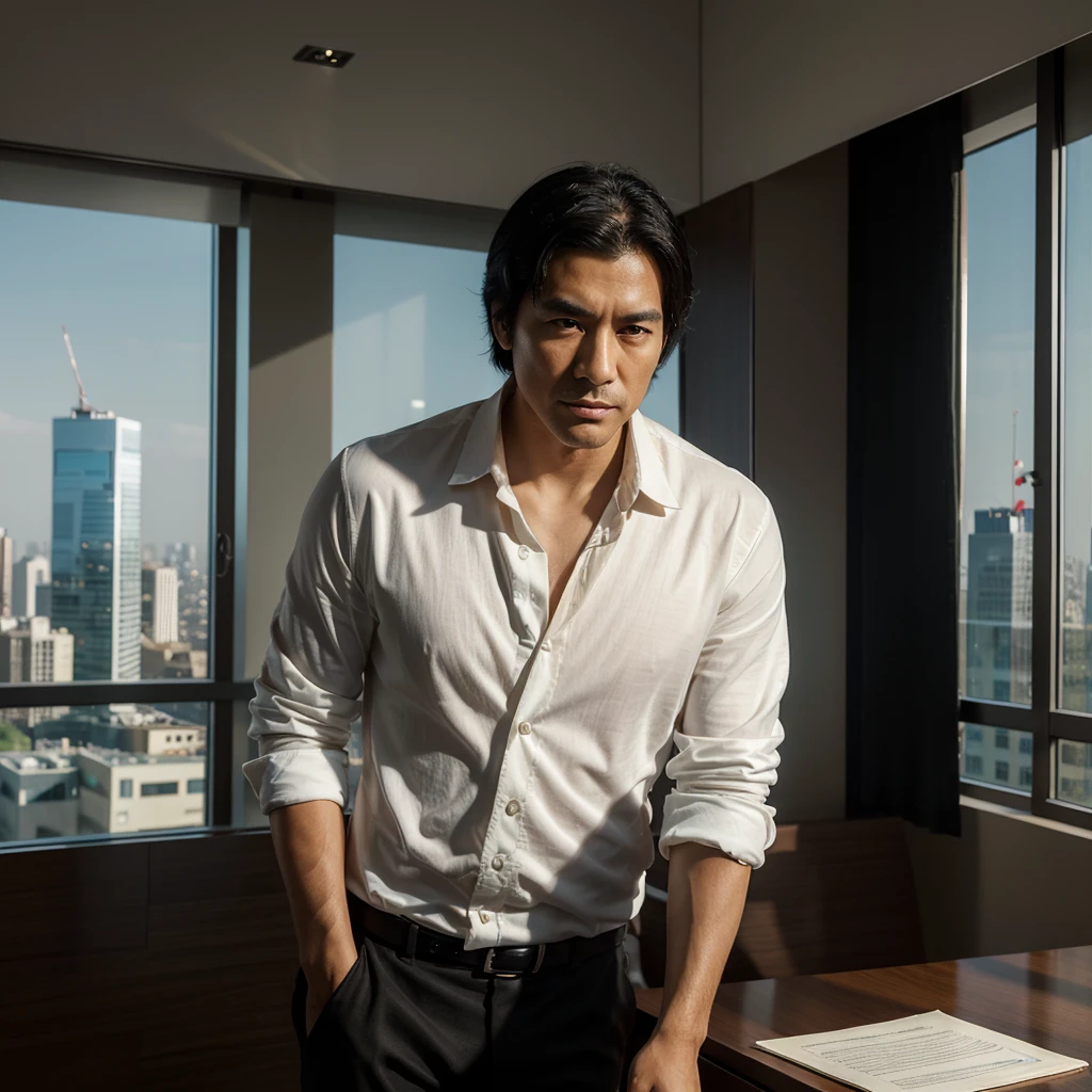 "Generate a hyper-realistic image of a wealthy Oriental executive man in his mid-70s. He has a serious and slightly sad expression, with downturned lips. He has short black hair and is wearing a white shirt with a black suit jacket over it. The background features a luxurious office setting with large windows showcasing a panoramic city skyline. The lighting is soft, highlighting his face and leaving the background with a diffused glow."