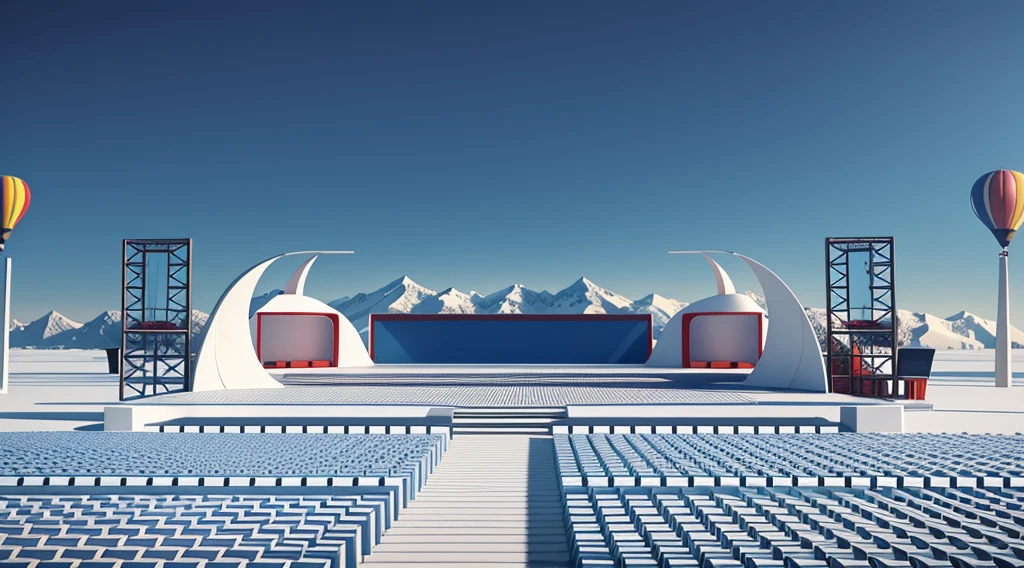 masterpiece,C4D,OC Renderer,high quality,Bright hues,Outdoor event stage design 3D rendering, Tibet, LED screen, two red podiums and blue seats, Grass, chairs, mountains, hot air balloon, snow, mountains, white, panoramic view