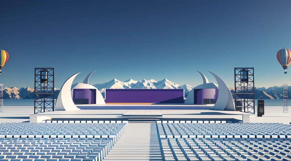 masterpiece,C4D,OC Renderer,high quality,Bright hues,Outdoor event stage design 3D rendering, Tibet, LED screen, two red podiums and blue seats, Grass, chairs, mountains, hot air balloon, snow, mountains, white, panoramic view