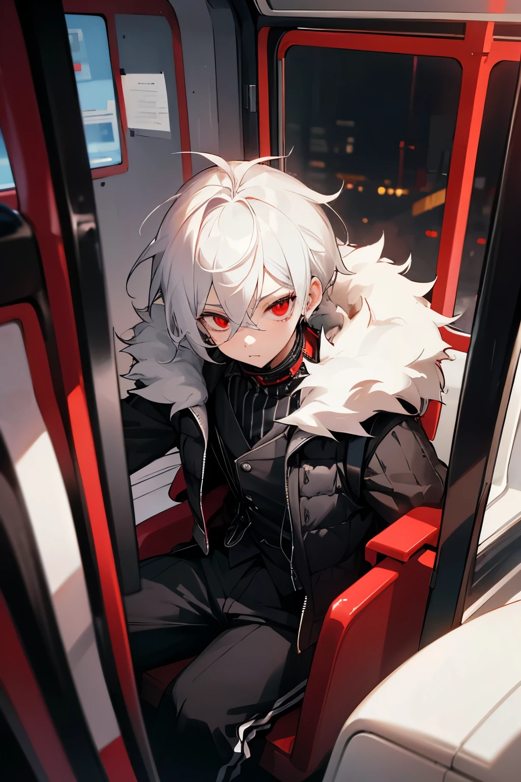 Boy with white hair, Red eyes, black adidas bus, open black vest with hood collar with white fur, black pants with stripes
