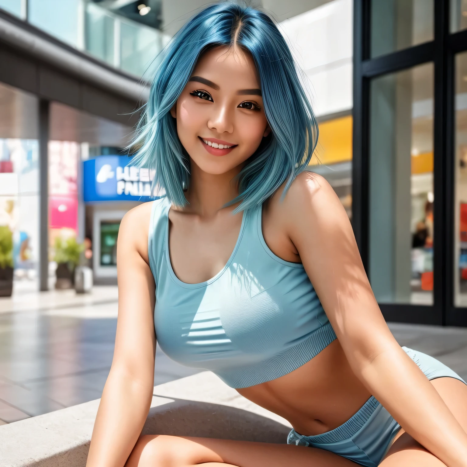 (blue hair:1.4), short hair, realistic green eyes:, cobalt hair,  long bob hair, tousled hair, shoulder length hair, Full body, woman with white skin and Asian features, 24 year old, big breast. She has a small, elegant nose with a slight upward curve at the tip. Her lips are full and naturally pink, with a well-defined Cupid's bow. Her teeth are straight and white, enhancing her captivating smile. Her face has an oval shape with high cheekbones that add to her model-like appearance. (crack), detailed (texture!, shine, color!!, flaws: 1.1), highly detailed glowing eyes, (looking at camera), specular light, dslr, extreme quality, Fujifilm XT3, crystal clear, cute face, detailed skin pores, oil Dark skin, brown, complex eye details, she is far from the camera, A full-body portrait, captured from a distance. Dynamic Frame, 8K, Masterpiece, Best Quality, Photorealistic, Ultra-detailed, Realistic Skin Textures, (Smile:1.2), tight white tank top, movie light, mall background, (sat comfortably), hands behind, in a shopping mall, big 