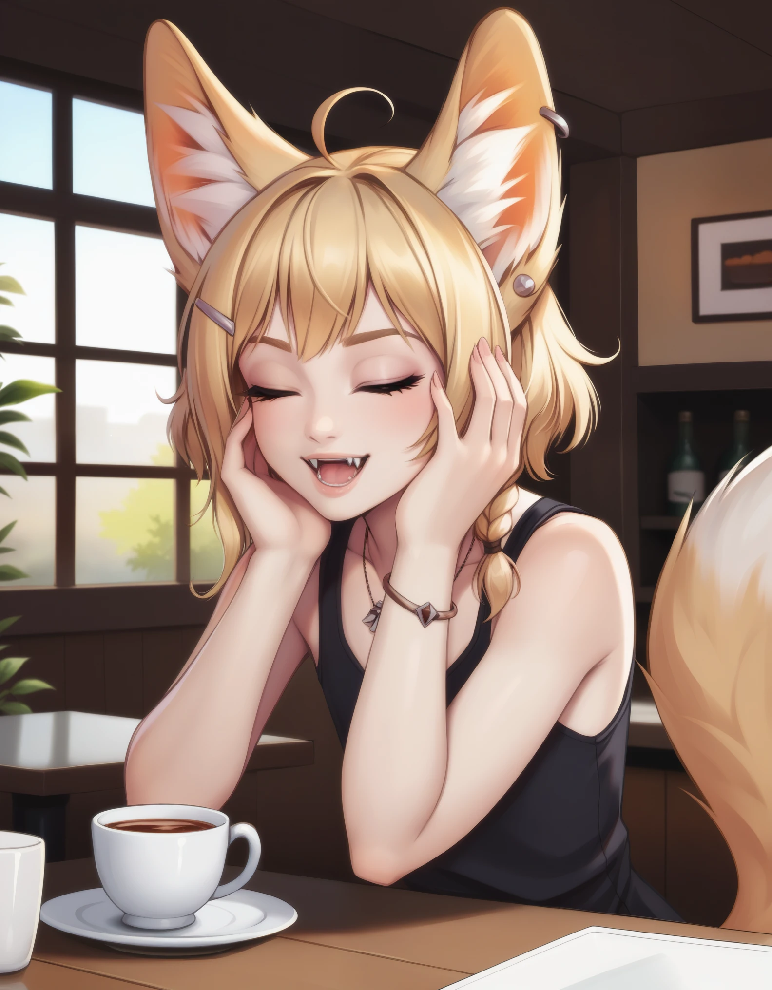 score_9, uncensored, source_anime
BREAK
khiara \(personal ami\), 1girl, ahoge, animal ear piercing, animal ears, black tank top, blonde hair, bracelet, braid, cafe, closed eyes, cup, fangs, flat chest, fox ears, fox girl, fox tail, hair ornament, hairclip, hands on own cheeks, hands on own face, indoors, jewelry, large ears, medium hair, necklace, open mouth, solo, tail, tank top, upper body