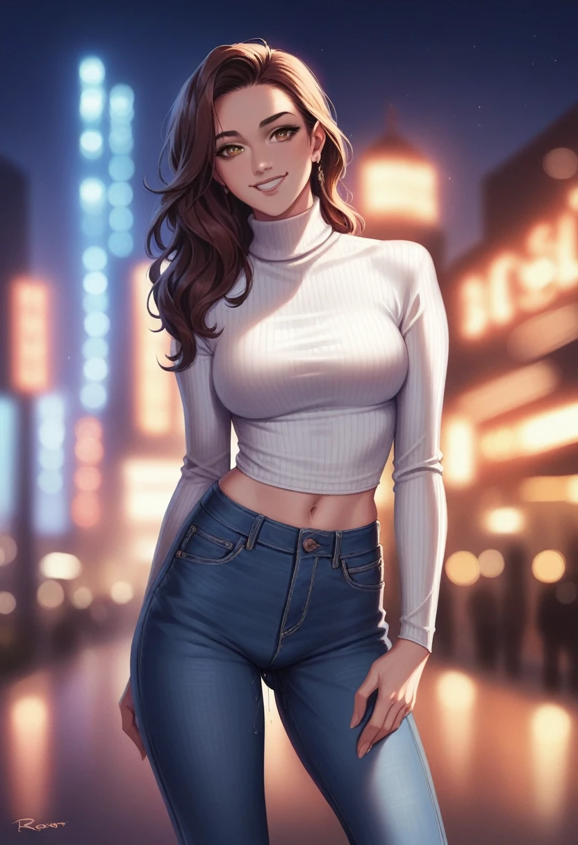 Highres close up photo of a woman, ultimate photorealism, rkps, wearing jeans and white turtleneck, night time, ornate Indian jewelry, smiling, cinematic lighting, background of city lights in beautiful bokeh pussy juice