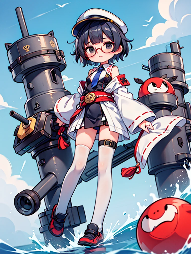 (((masterpiece, Vision))), ((((Full body of a woman with perfect flat chest、solo、Short unkempt black hair、Tie your messy hair at the nape of your neck、white military jacket、Miko costume、tights、Black glasses、White military cap、Cloudy black eyes、Confused eyes、Junyo-inspired emblem)))), (((Shipgirl))), ((Floating on the morning sea with both feet)), (Spread your legs wide open), (Hold the turret grip with your right hand), (Mechanical arms extending from the waist are used to equip the ship with battleship equipment.), (Equipped with a turret on the back), (Left arm holds the triple turret grip), Shotgun belt on thigh, Spreading the Machine's Wings, Machine tail, Mechanical arm lifts the turret,