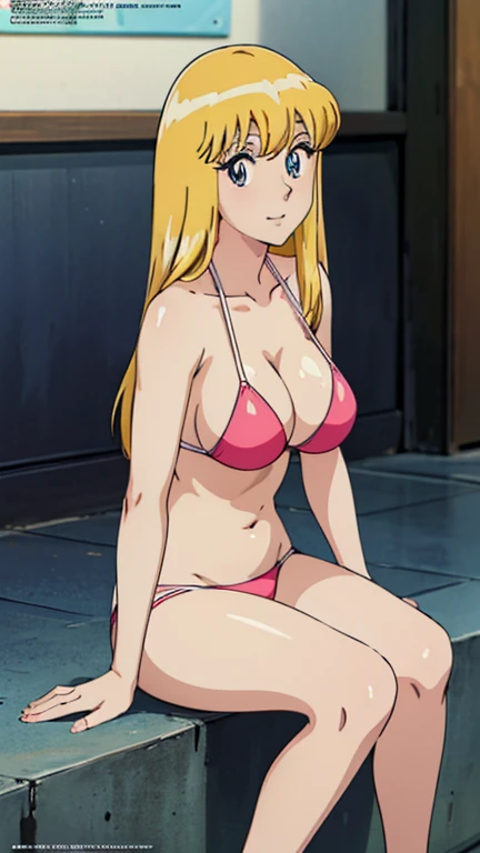 (anime cels style, Masterpiece, best quality, high resolution, anime colored, megami magazine:1.2, anime poster style, anime keyvisual, sharp, 8k, photorealistic), (beautiful eyes:1.5), reiko_aiwaifu, 1girl, blond hair, long hair, sagging huge breast, (beautiful nude), bikini, underboob, (upper body, sitting), (perfect detailed anatomy, perfect arms, perfect fingers, beautiful face, perfect body, shiny skin), onsen,
