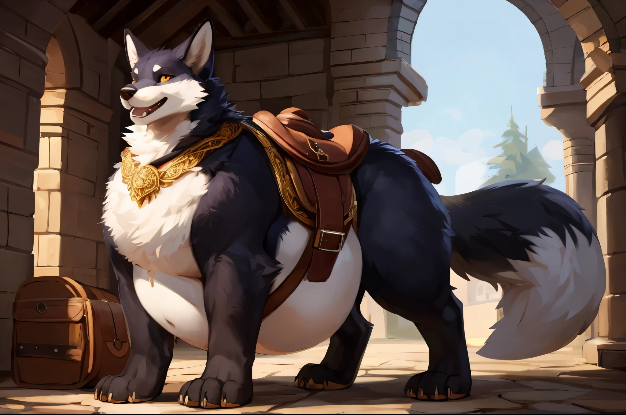 (Duo), (duo characters), (two characters), 4k ultra quality, 4k full body view,(ultra high detailed body), ((anthropomorphic wolf riding a strong feral wolf mount)), detailed body,by mystikfox61, by glitter trap boy,feral paws, by bebebebebe,by morethreedee, by seibear,(thick thigh),(chubby thigh),(thicc thigh),(thick legs),(chubby legs),(thicc legs),(massive feral butt),(enormous thigh),(massive thigh),(massive legs),(strong legs),thick lower legs,wide legs,(detailed thigh),(wide thigh),fluffy belly,furry belly,sharp nails,(ultra detailed face),detailed eyes,big tail,fluffy tail,(detailed tail),enormous tail,bigger tail,huge tail,volumetric light,big lower belly,big paws,(thick paws),fluffy paws,furry paws,enormous paws,animal focus, beast,standing,(bigger lower body),strong lower body,macro,giga,master works, super fine, 4k resolution, high quality, movie lighting, high picture detail,dark fantasy,beast creature,illusory engine, Masterpiece,(shiny fur),ultra big belly,enormous belly, (hyper belly), massive butt, hyper butt, muscle legs,long legs,wide awaits,round belly, (size difference), (riding), (back riding:1.2), (riding mount), (mount riding:1.1), (riding a bloated_feral_mount), (back view)