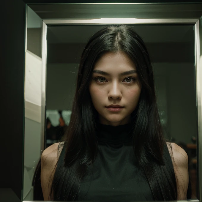 a girl with very long wolf cut hairstyle, very green and black long hair, facing forward, with a cool smirk, beautiful face, masterpiece, best quality, boyish clothing, korean girl, dark emerald green eyes, mirrored selfie, masterpiece, portrait.
