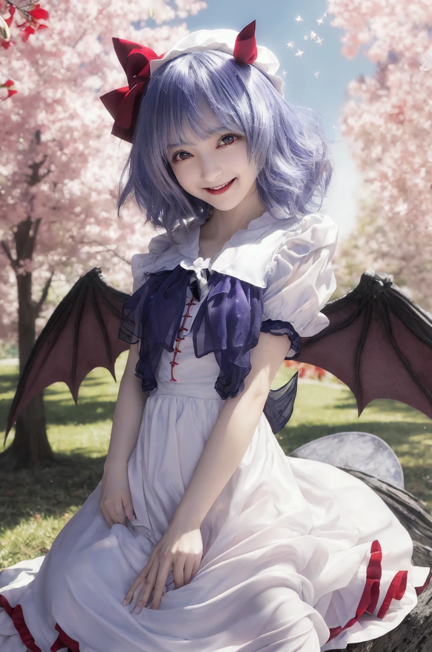 (Photorealistic,masutepiece, Best Quality), cute little、face excited, Upper body, remilia scarlet,1girl in,mob cap, Wings,bow ribbon,frilled shirt collar, Black eyes,Short sleeves,Blue hair,ascot,Pink dress