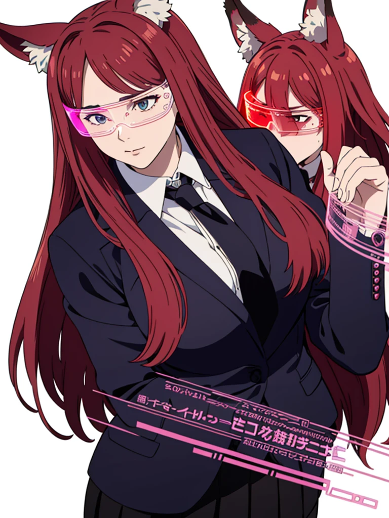 1girl ,solo,20s,mature female,red hair,long hair,fox ears,(white background, line drawing),shirt,black standard tie,blue blazer,long sleeves, black pleated skirt,pink cyber glasses