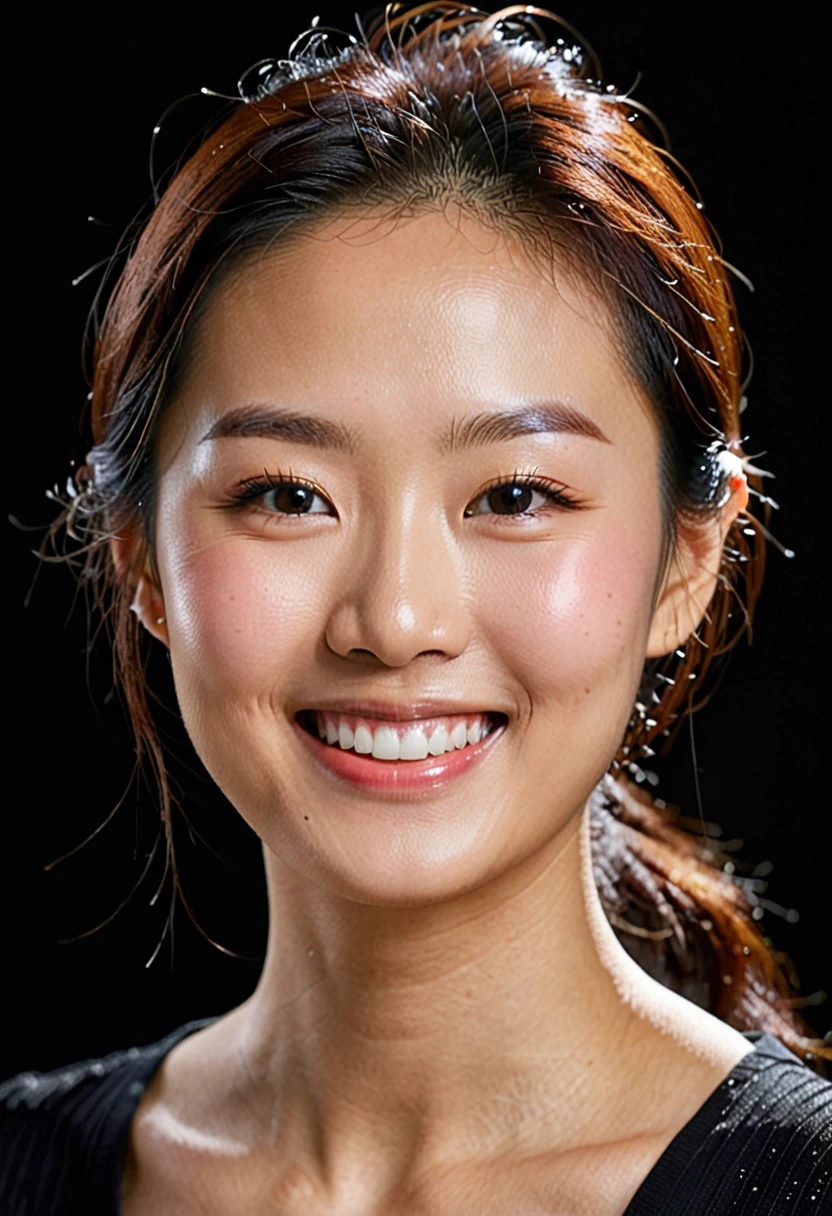 face perfect, beautiful face of a 30 year old Korean woman, Smiling beautiful, with black background,new