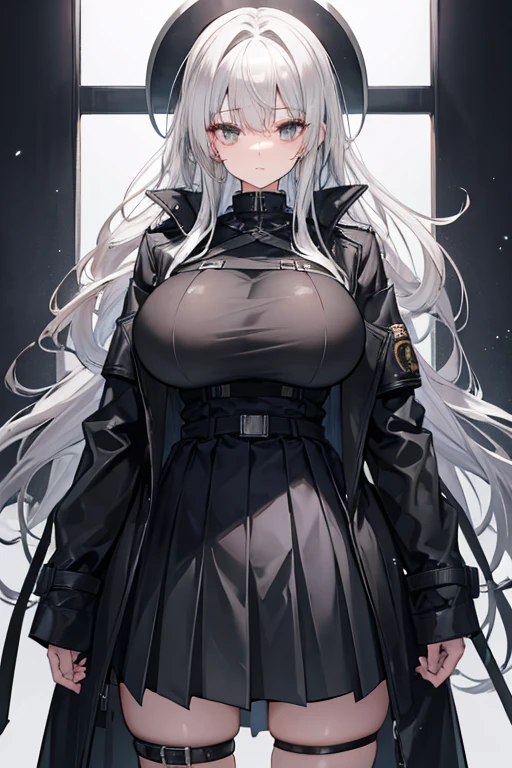 Mommy huge messy silver gray hair with very big and huge breasts wearing black tactical uniform pleated skirt with trench coat
