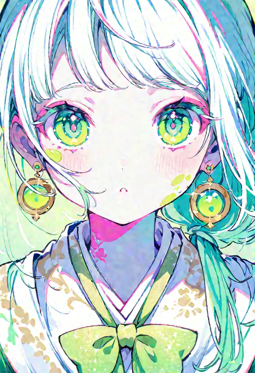 A cute girl,A pink and white embroidered ribbon is tied around the neck,With a bat on his shoulder. Green gradient background, Blush, Light green eyes, Fluorescent grouting pink green skirt, Green exaggerated eye makeup, Fluorescent earrings, Gold glitter and grout on her face, Super white skin, Digital illustration style, Fluorescent green color scheme, Soft shadows, Simple line art, close up, fantasy, Japanese cartoons, Soft colors, Cartoon Character Portrait,