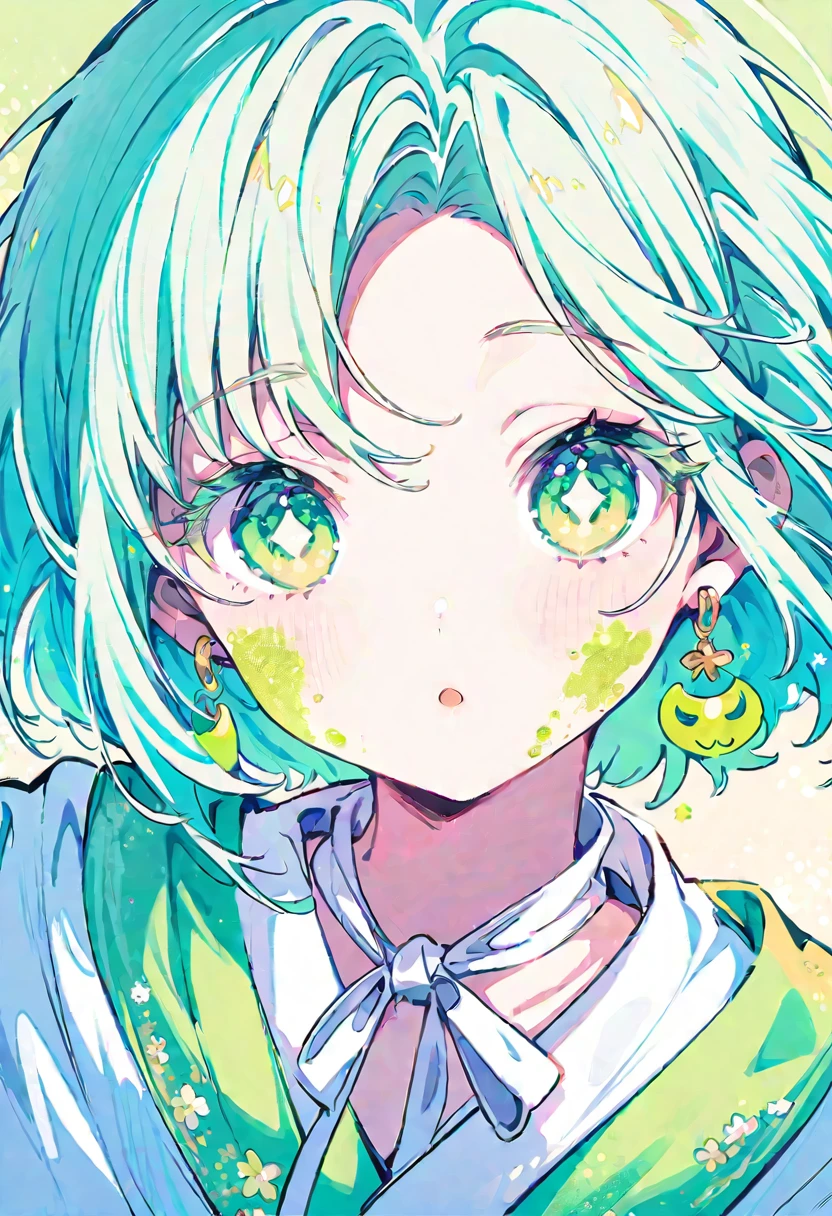 A cute girl，A pink and white embroidered ribbon is tied around the neck，With a bat on his shoulder. Green gradient background, Blush, Light green eyes, Fluorescent grouting pink green skirt, Green exaggerated eye makeup, Fluorescent earrings, Gold glitter and grout on her face, Super white skin, Digital illustration style, Fluorescent green color scheme, Soft shadows, Simple line art, close up, fantasy, Japanese cartoons, Soft colors, Cartoon Character Portrait, 