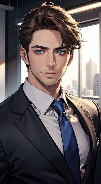 (best quality,4k,8k,highres,masterpiece:1.2),ultra-detailed,(realistic,photorealistic,photo-realistic:1.37),1 man,31 years old,mature man,very handsome,without expression,smile,short grey brown hair,blue eyes,penetrating gaze,perfect face without errors,imposing posture,businessman,office background,cinematic lighting,hdr image