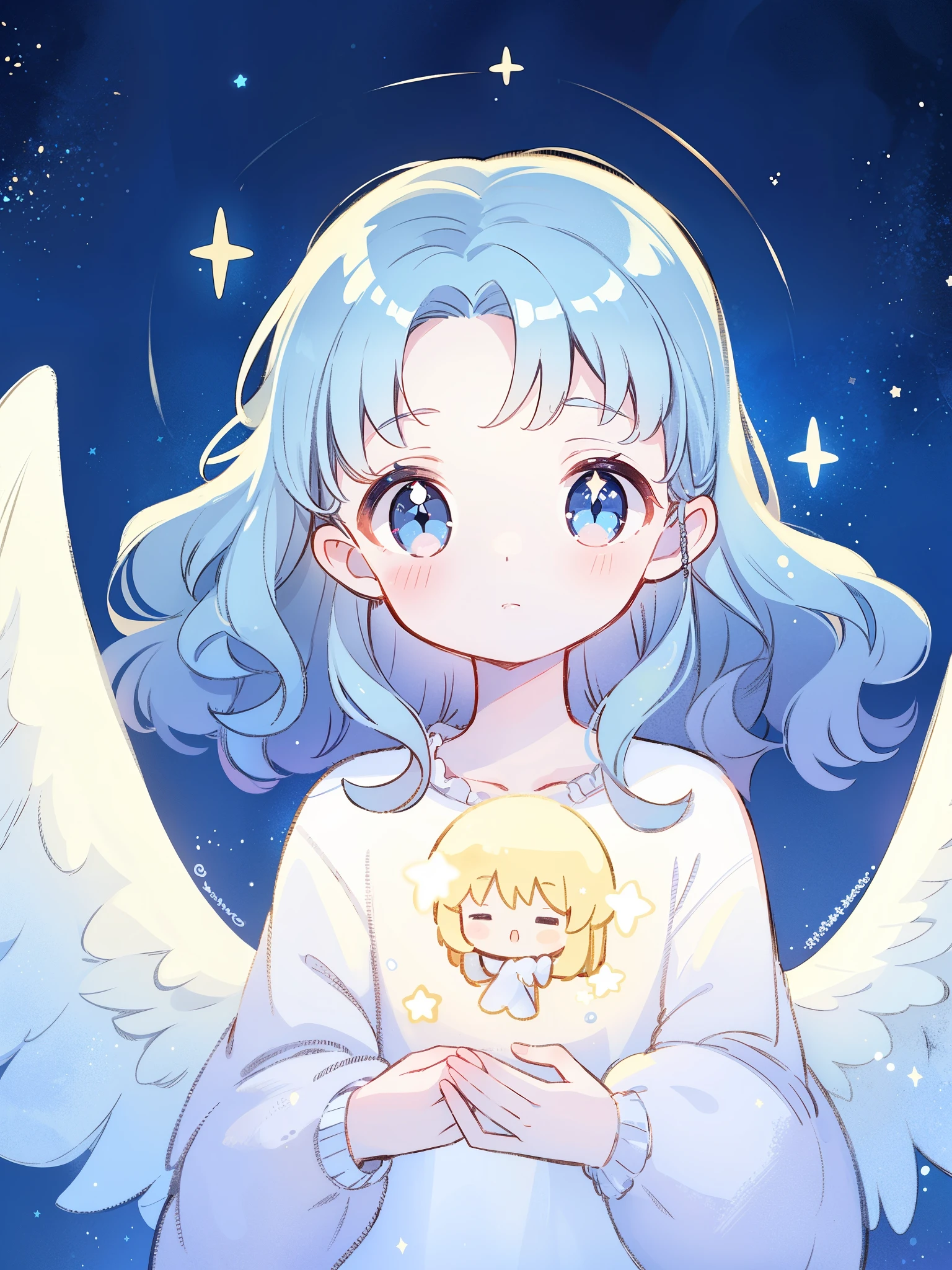 nude angel girl wearing an ethereal translucent dress, pale skin, ((wavy blue hair)), white feathers, angel wings, sparkling detailed eyes, golden ratio face, perfect composition, highly detailed, ethereal, (starry night sky background), midjourney style