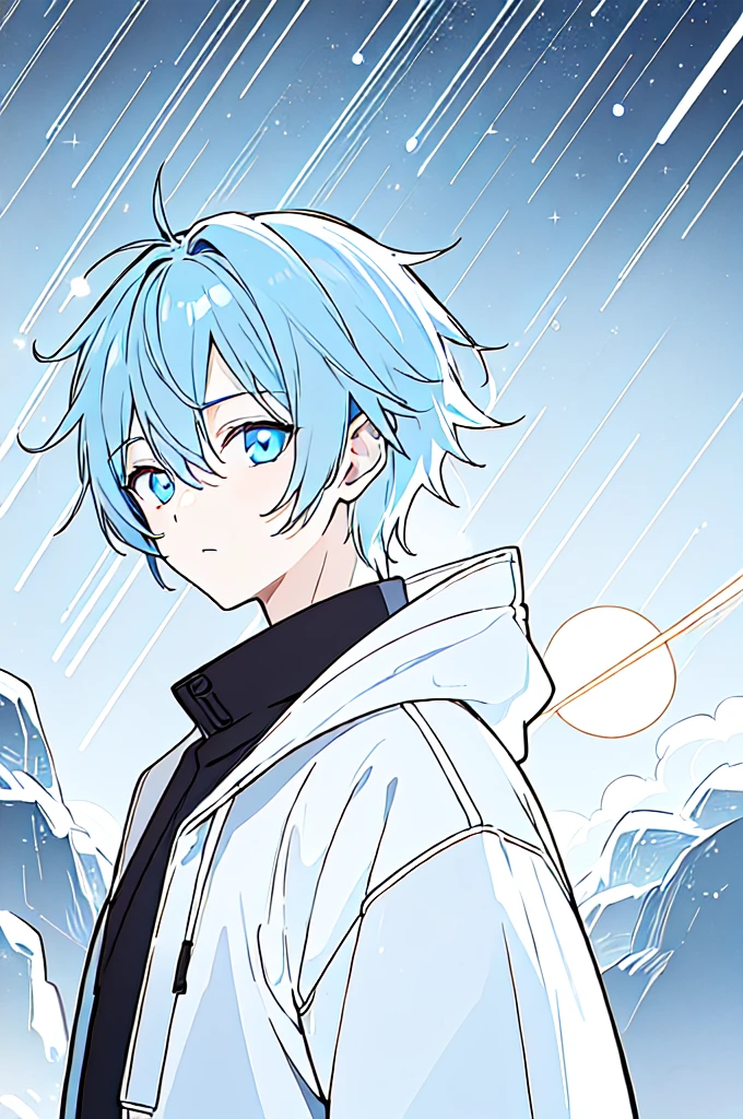 [(SkyBlue BACKGROUND:1.5),::5], ((((masterpiece)))), high quality, very_high_resolution, large_filesize, full color, ((younger boy)), , ((men's short Blue hair)), vivid color, ((lightBlue eye)), Parka, (upper body), ((anime style)), ((Meteor shower))