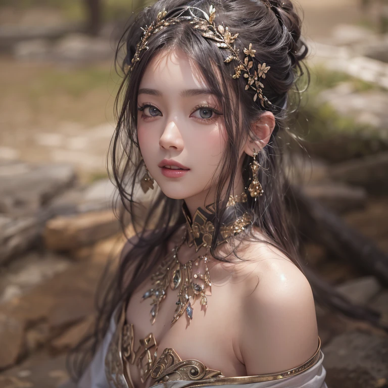 Hiding in the desert、Hair flow、 ((Highest quality、masterpiece、8K、Best image quality、Ultra-high resolution、Award-winning works)、(Accurate anatomy:1.1)、(Look at me and smile:1.1)、Shining fair skin with Ultra-high resolution、The most detailed face、Ultra-high resolution detailed face、Ultra-high resolutionの髪の毛、(Ultra-high resolutionの煌めく瞳:1.1)、Beautiful face drawn in every detail、(Blurred Background:1.1)、Ancient Islamic clothing, Chest to chest, tattoo, Old ruins in the background、Black Authentic Dress Up Elegant Underarm
