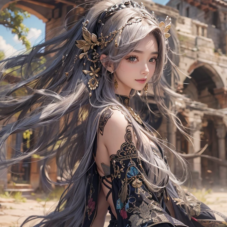 Hiding in the desert、Hair flow、 ((Highest quality、masterpiece、8K、Best image quality、Ultra-high resolution、Award-winning works)、(Accurate anatomy:1.1)、(Look at me and smile:1.1)、Shining fair skin with Ultra-high resolution、The most detailed face、Ultra-high resolution detailed face、Ultra-high resolutionの髪の毛、(Ultra-high resolutionの煌めく瞳:1.1)、Beautiful face drawn in every detail、(Blurred Background:1.1)、Ancient Islamic clothing, Chest to chest, tattoo, Old ruins in the background、Black Authentic Dress Up Elegant Underarm