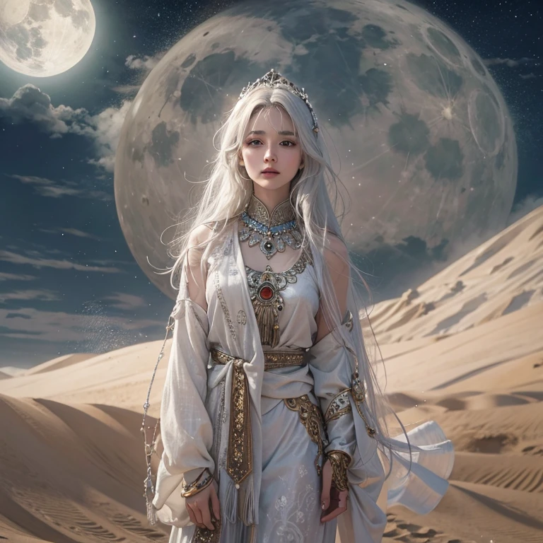 (Highest quality、masterpiece、8K、Best image quality、Ultra-high resolution、Award-winning works)、A beautiful white-haired woman watches over us from afar in the desert......, Where the moonlight shines.、Ancient Islamic clothing、Beautiful face drawn in every detail