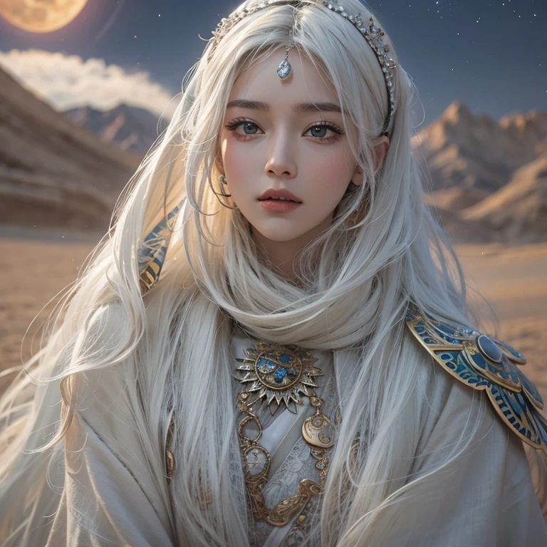 (Highest quality、masterpiece、8K、Best image quality、Ultra-high resolution、Award-winning works)、A beautiful white-haired woman watches over us from afar in the desert......, Where the moonlight shines.、Ancient Islamic clothing、Beautiful face drawn in every detail