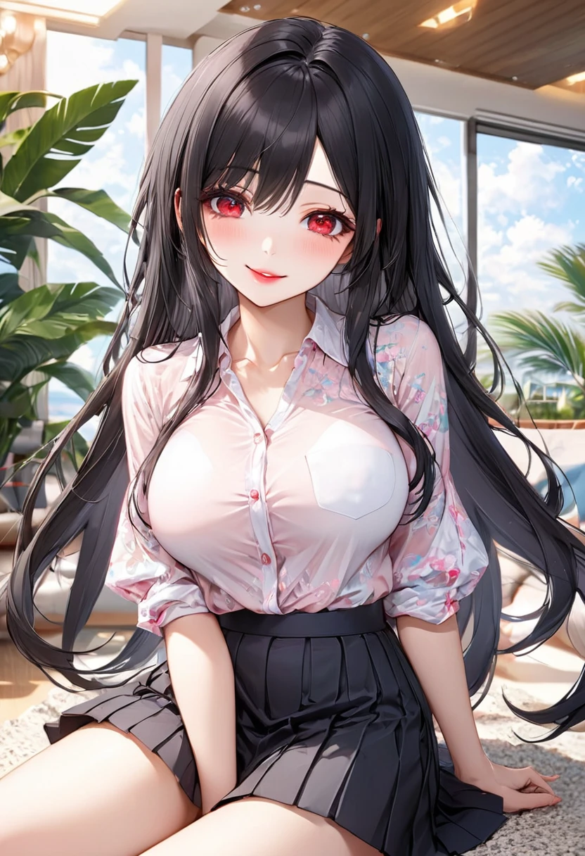 (talking style) (in a casual summer blouse, skirt), (solo:2, 18 yo straight black hair long hair cool dominance girl, detailed cool red eyes, love smile, pink lips, big tits), break, in the lounge, BREAK, perfect anatomy, masterpiece, best quality, 16k, beautiful detailed grow, daydreaming expression.