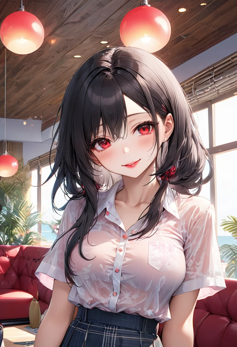 (talking style) (in a casual summer blouse, skirt), (solo:2, 18 yo straight black hair long hair cool dominance girl, detailed cool red eyes, love smile, pink lips, big tits), break, in the lounge, BREAK, perfect anatomy, masterpiece, best quality, 16k, beautiful detailed grow, daydreaming expression.