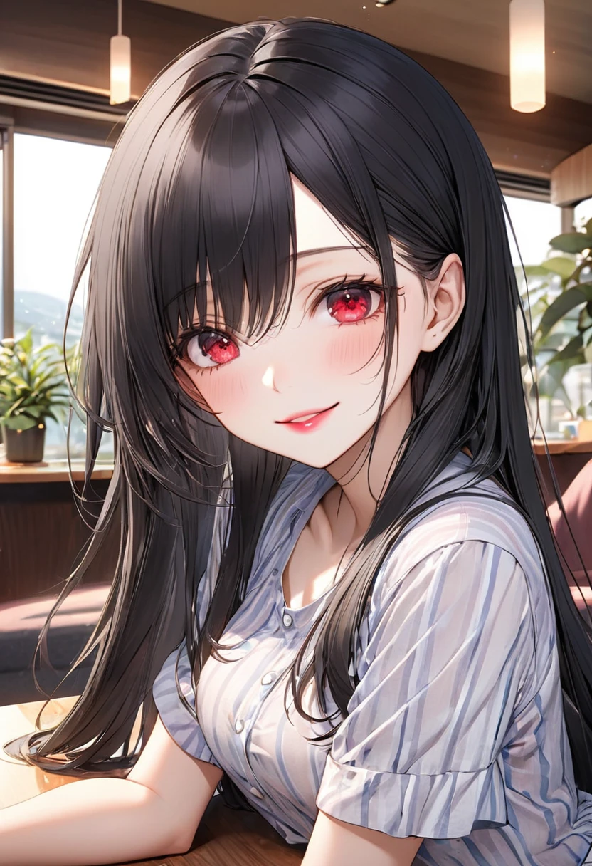 (talking style) (in a casual summer blouse, skirt), (solo:2, 18 yo straight black hair long hair cool dominance girl, detailed cool red eyes, love smile, pink lips, big tits), break, in the lounge, BREAK, perfect anatomy, masterpiece, best quality, 16k, beautiful detailed grow, daydreaming expression.