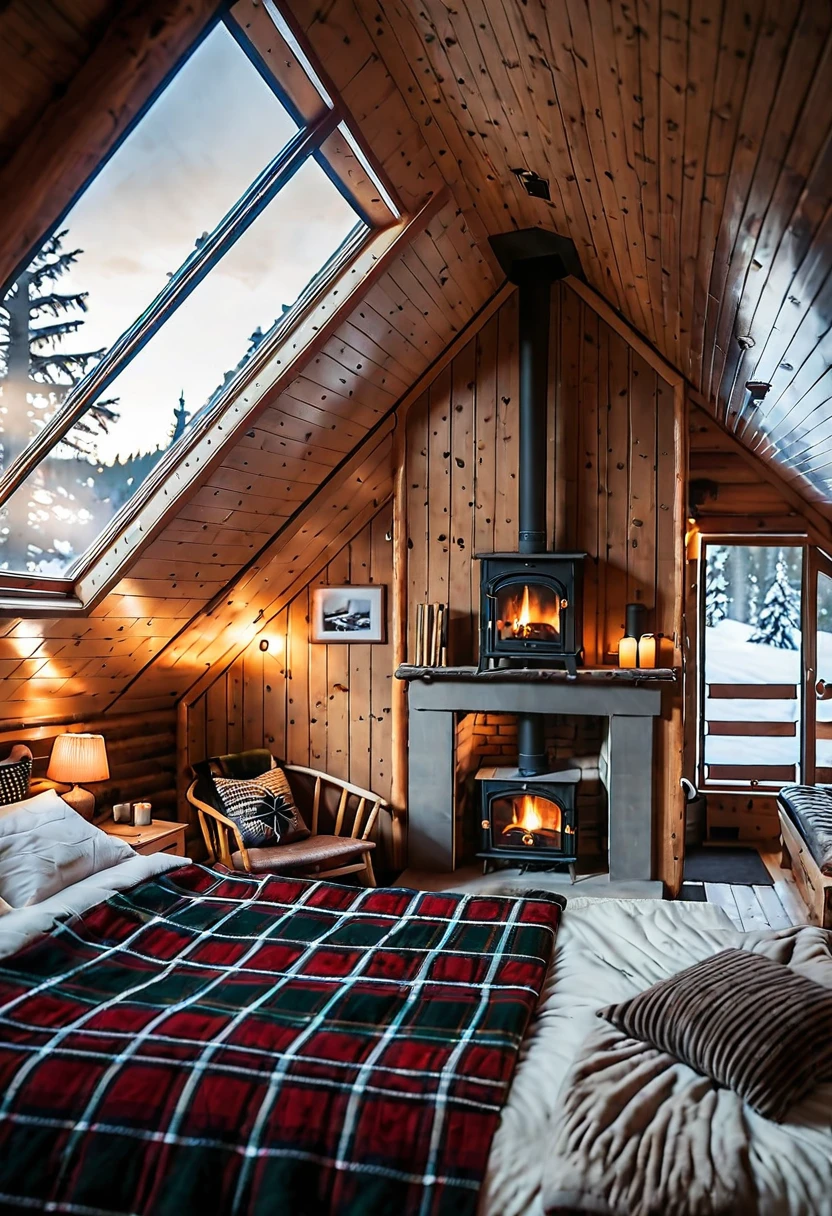 there is a bedroom with two beds and a fireplace in it, cozy place, cozy room, inside of a cabin, cozy and calm, in a cabin, cozy atmospheric, cosy atmoshpere, cozy and peaceful atmosphere, heavy winter aesthetics, very cozy, cosy vibes, cozy environment, cozy bed, cozy setting, soothing and cozy landscape, wood cabin in distance