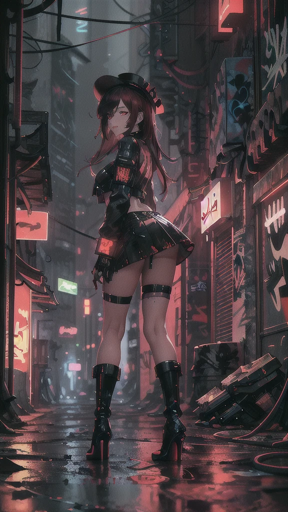 masterpiece, best quality, 1lady, solo, black hanting hat, black shirt, black mini skirt,black boots,    (graffiti:1.5), arms behind back, looking at viewer, thigh strap, paint on face, head tilt, bored, red and multicolored hair, red eyes, white stars in eyes, evil grin, (an artistic photograph of a cyberpunk prostitute),full body shot, centered, contrast beautifully with the sleek, futuristic design of the mech. The background features a wide-angle lens, emphasizing the dynamic nature of the scene. wide aperture, HDR, telephoto lens,midnight,alley, street light, night sky.