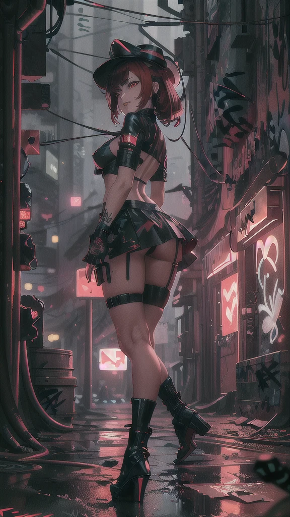 masterpiece, best quality, 1lady, solo, black hanting hat, black shirt, black mini skirt,black boots, (graffiti:1.5), arms behind back, looking at viewer, thigh strap, paint on face, head tilt, bored, red and multicolored hair, red eyes, white stars in eyes, evil grin, (an artistic photograph of a cyberpunk prostitute),full body shot, centered, contrast beautifully with the sleek, futuristic design of the mech. The background features a wide-angle lens, emphasizing the dynamic nature of the scene. wide aperture, HDR, telephoto lens,midnight,alley, street light, night sky.