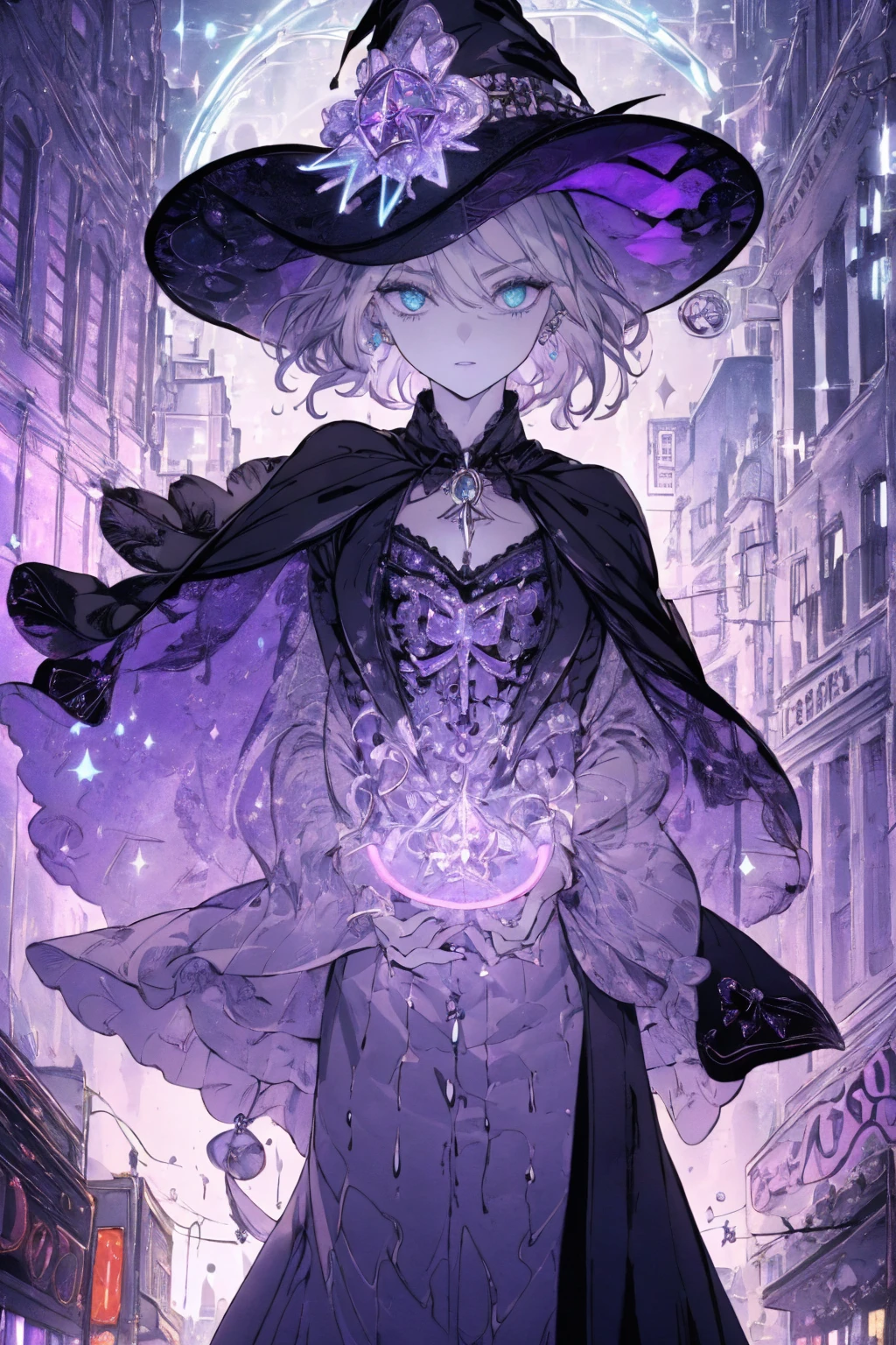 (witchcraft photo:1.1,in neon downtown:1.5), Masterpiece, best quality, (very detailed CG unity 8k wallpaper), (best quality), High definition RAW color art, Animation,sculptures, (silver Marble Skin), (((Ultra detailed elegant))), Magical atmosphere, Detailed skin, Texture,(Intricately detailed, Fine detail, ultra-detail art), depth of fields, bokeh, Silky Touch, Hyper Detail, beautiful eyes, Elegant Face, (ローブ), sparkle background, (silver hair), pastel purple, fat, shorthair, dress, フリル, witchcraft hat, round glass