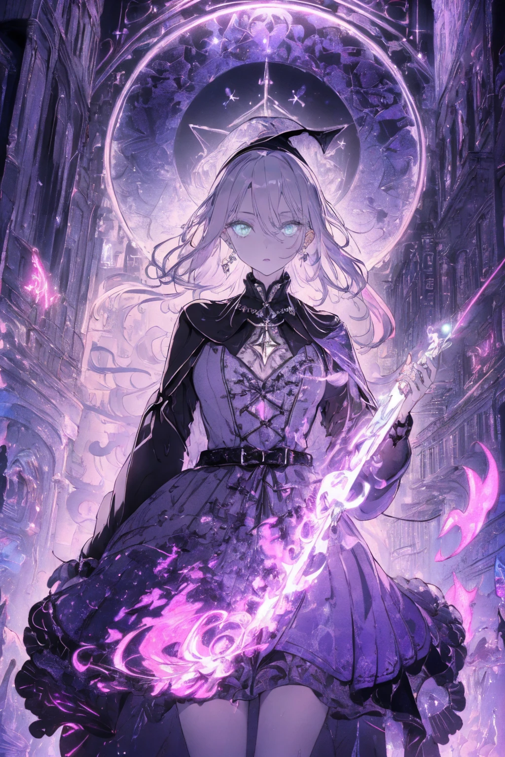(witchcraft photo:1.1,in neon downtown:1.5), Masterpiece, best quality, (very detailed CG unity 8k wallpaper), (best quality), High definition RAW color art, Animation,sculptures, (silver Marble Skin), (((Ultra detailed elegant))), Magical atmosphere, Detailed skin, Texture,(Intricately detailed, Fine detail, ultra-detail art), depth of fields, bokeh, Silky Touch, Hyper Detail, beautiful eyes, Elegant Face, (ローブ), sparkle background, (silver hair), pastel purple, fat, shorthair, dress, フリル, witchcraft hat, round glass
