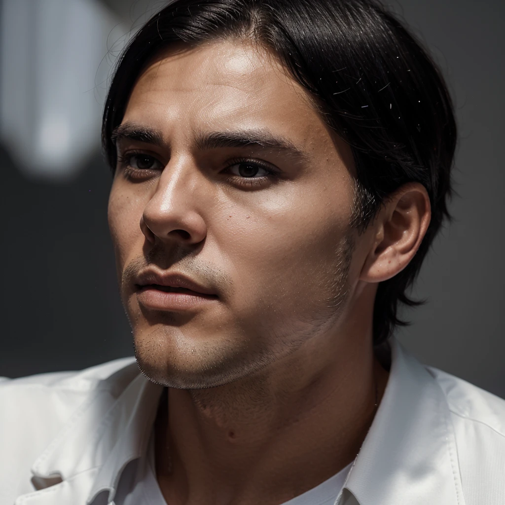 Create an image of a man with short black hair, wearing a white shirt and a black suit jacket. He should have a serious expression, with downturned lips, conveying a sense of sadness or deep reflection. The background should be purple with a starry or sparkling particle effect, creating a sense of depth or space. The lighting should be soft, highlighting the man's face and leaving the background with a diffused glow. Ensure that the man's face is well-lit, with subtle shadows accentuating the seriousness of his expression.