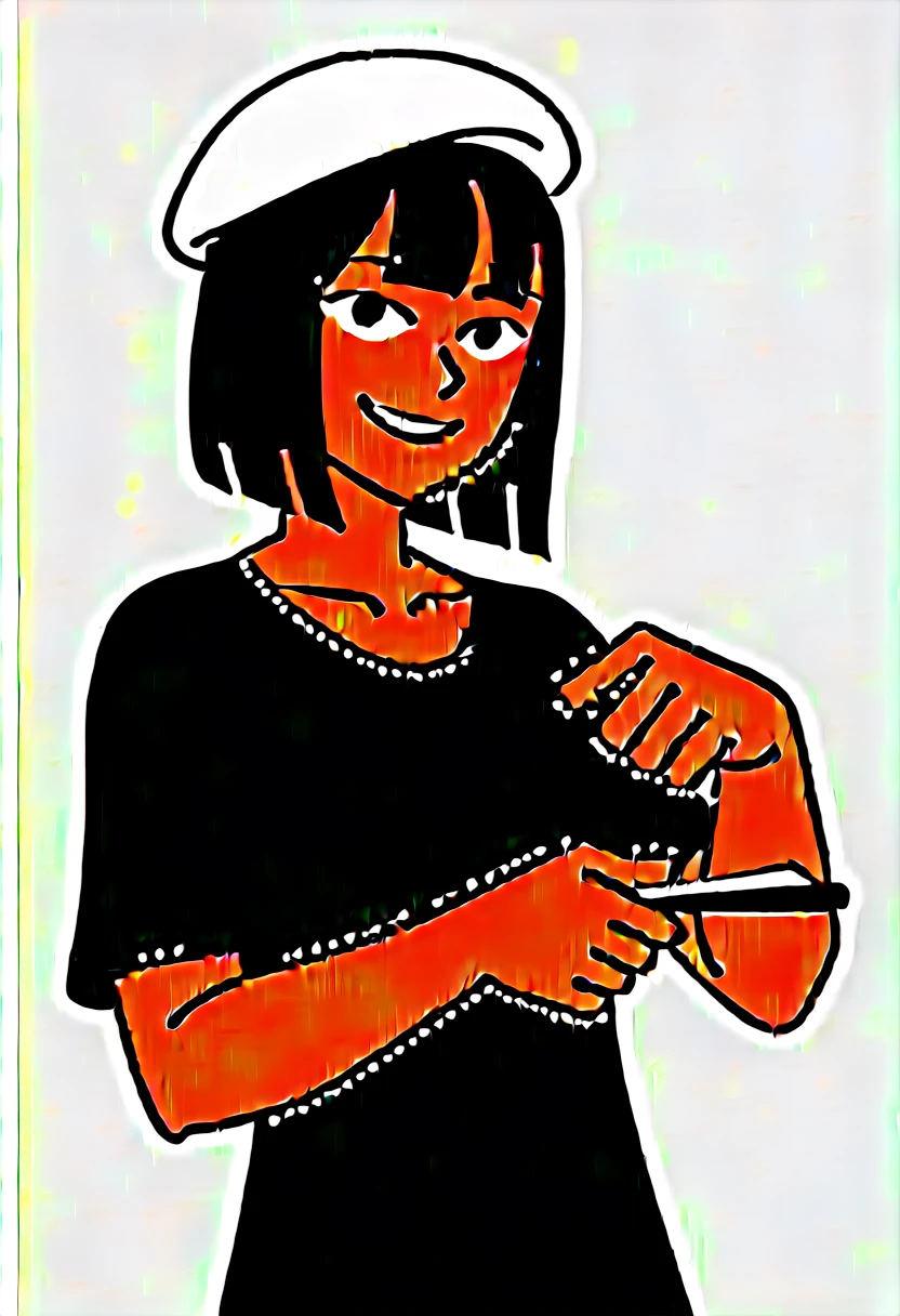 (high-resolution illustration 1.3), young female artist, (plain black T-shirt without text 1.2), (short black bob cut), (large clear eyes 1.1), (white beret hat 1.2), (large brushes 1.2), (green ink on brush tips 1.4), slim figure, (dynamic pose 1.2), (artistic 1.3), youthful, creative, energetic, (monochrome base with green accents 1.3),casual, lively, (upper body only 1.3), (centered in image), (plain white background 1.1), clean lines, (clear details 1.2), (smiling expression 1.2), (looking directly at camera 1.4), (face clearly visible and detailed 1.4), (holding large brushes in both hands 1.2), (brushes held slightly away from face 1.3), (distinct facial features 1.3), (vibrant green brush tips 1.3), (eye contact with viewer 1.4)