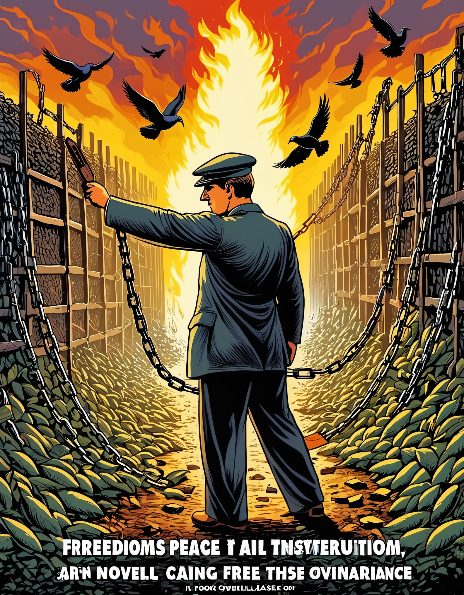 Create an image that visually represents the quote "War is peace. Freedom is slavery. Ignorance is strength" from the book "1984" by George Orwell.
The image should be divided into three sections, each depicting one of the contradictory phrases. In the "War is peace" section, you can show a war-torn and chaotic landscape with symbols of peace, such as doves or an olive branch, hidden in the destruction. In the "Freedom is slavery" section, portray individuals in chains or confinement, yet with expressions suggesting they believe they are free. In the "Ignorance is strength" section, you can depict a society willingly embracing ignorance, perhaps by erasing knowledge or burning books.
This image should capture the stark contradictions and manipulation of language and reality as depicted in the novel "1984."